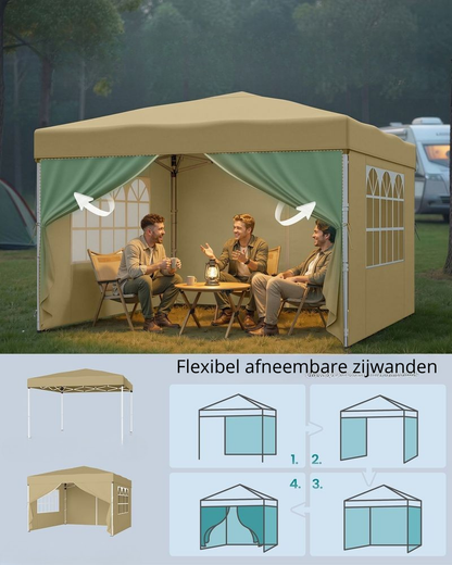 Nancy's Ruffre Partytent - Tuintent - Afneembare zijwanden - Zonwering - Opvouwbaar en draagbaar - Beige - 300 x 300 x 260 cm