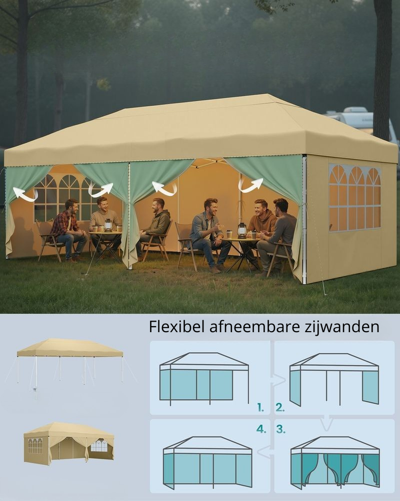 Nancy's Rufina Partytent - Tuintent - Afneembare zijwanden - UV-Wering - Opvouwbaar - Beige - 600 x 300 x 260 cm