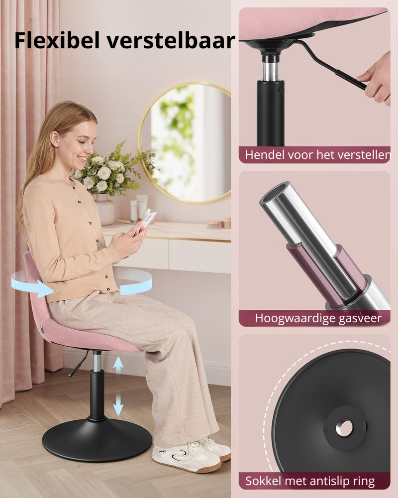 Nancy's Praiano Make-Up Kruk - Make Up stoel - Draaistoel - Kaptafel kruk - In hoogte verstelbaar - Pastelroze - Fluweel