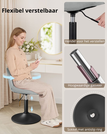 Nancy's Praiano Make-Up Kruk - Make Up stoel - Draaistoel - Kaptafel kruk - In hoogte verstelbaar - Grijs - Fluweel