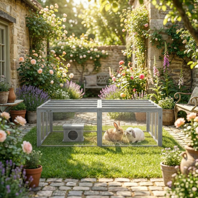 Nancy's Rossano Konijnenhok - Dierenren - Dierenhok - Konijnenren - Grijs - Dennenhout - ± 180 x 150 x 50 cm