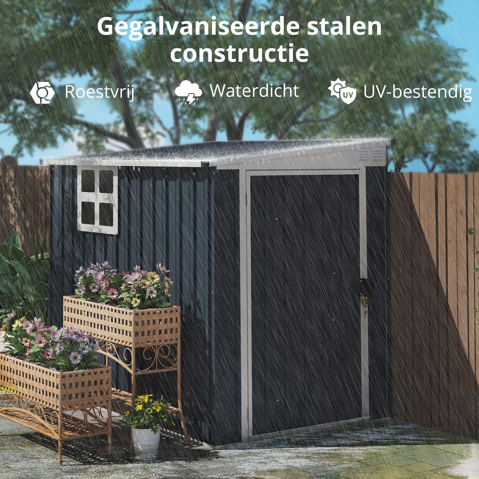 Nancy's Contigliano Opbergschuur - Tuinschuur - Tuinhuisje - Schuurtje - Grijs - Staal - ± 130 x 195 x 161/181H cm