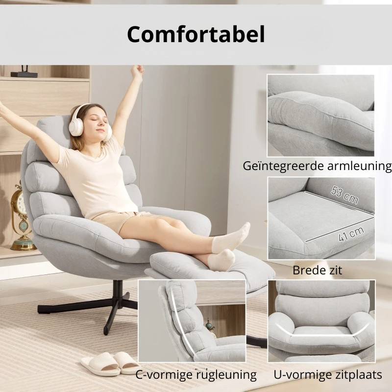 Nancy's Pedaso Relaxfauteuil - Loungestoel - Relaxstoel - Met Voetenbank - Crèmewit - Chenille