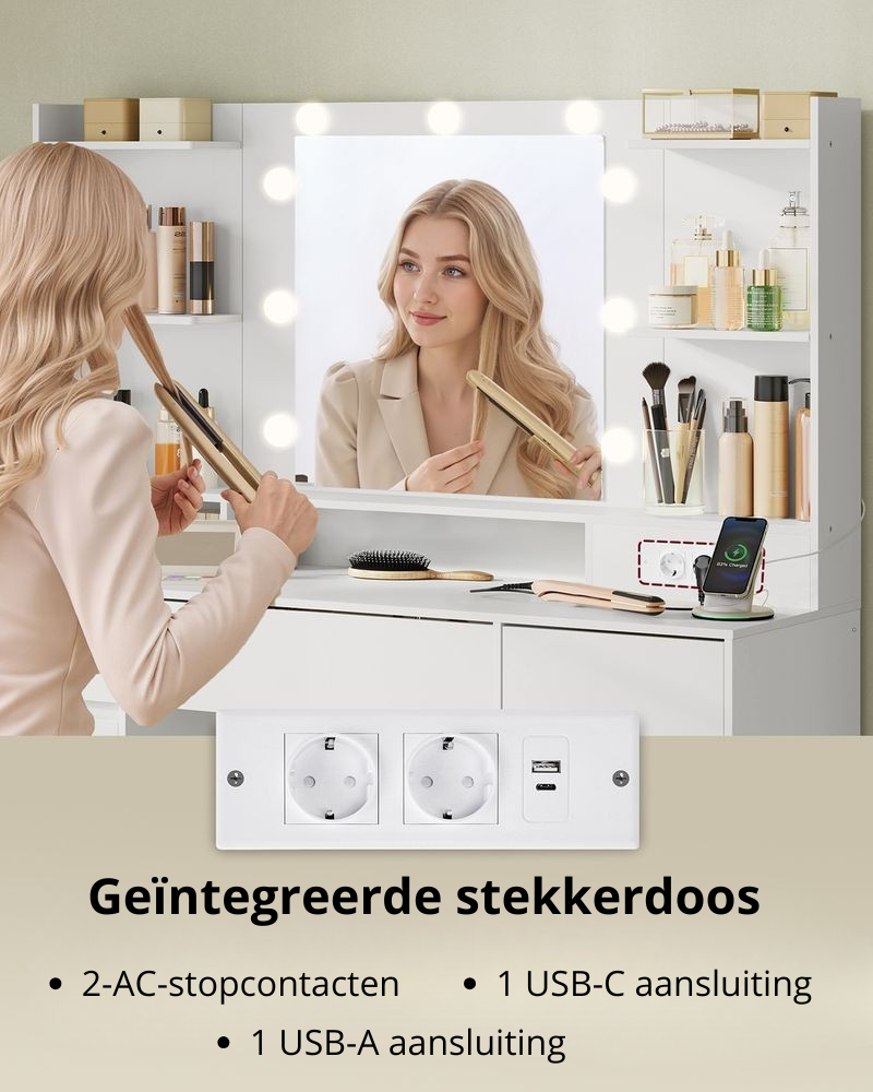 Nancy's Pantelleria Kaptafel - Make Up Tafel met Spiegel en Verlichting - Wit - ± 105 x 40 x 145 cm