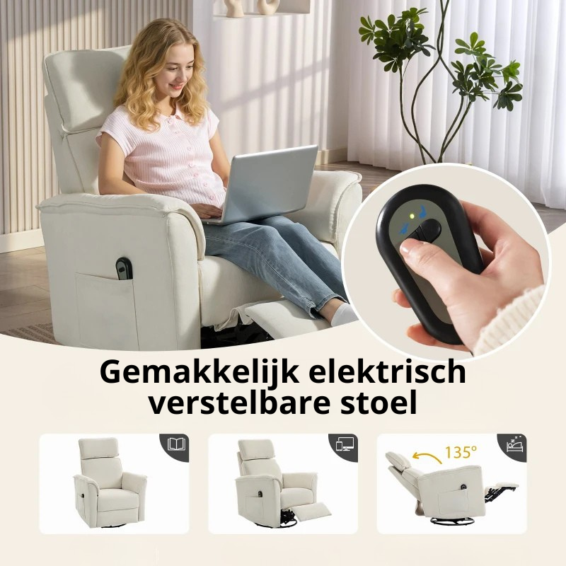 Nancy's Pontebba Elektrische Fauteuil - Relaxfauteuil - Verstelbaar - Crèmewit - Chenille