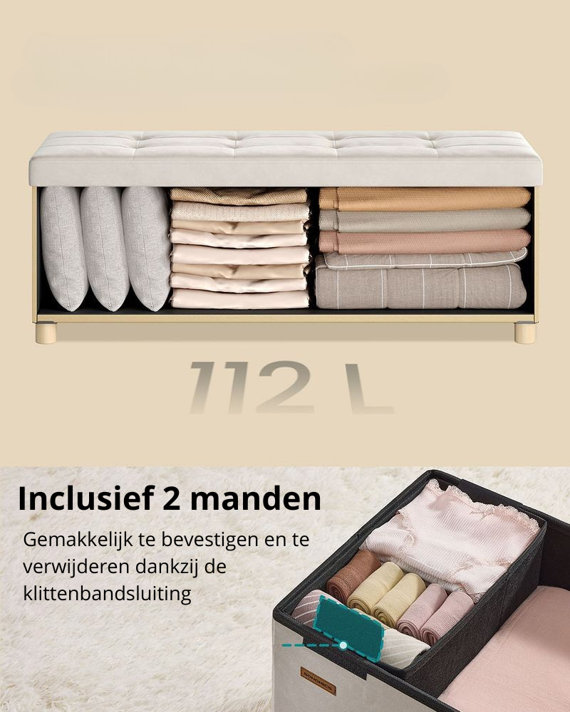 Nancy's Erbusco Opbergbank - Poef met Opbergruimte - Bankje - Beige - Fluweel - ± 110 x 40 x 40 cm