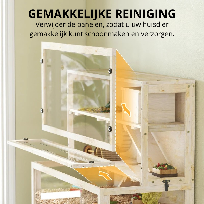 Nancy's Pontelatone Knaagdierkooi - Hamsterkooi - 3 Verdiepingen - Dennenhout - ± 100 x 50 x 85 cm