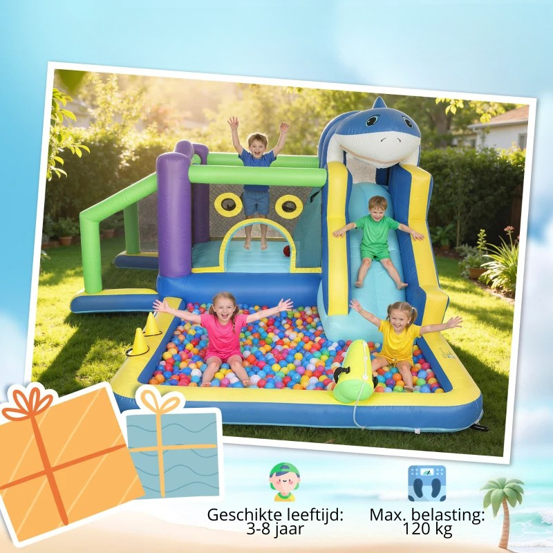 Nancy's Romallo Springkussen - 8-in-1 speelparadijs - Glijbaan - Waterkanon - Zwembad / Ballenbak - Meerkleurig - 405 x 345 x 235 cm