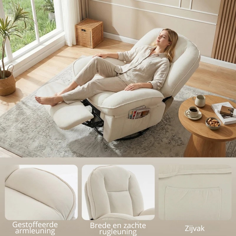 Nancy's Sermide Relaxfauteuil - Loungestoel - Relaxstoel - Fauteuil - Draaibaar - Verstelbaar - Crèmewit - Chenille