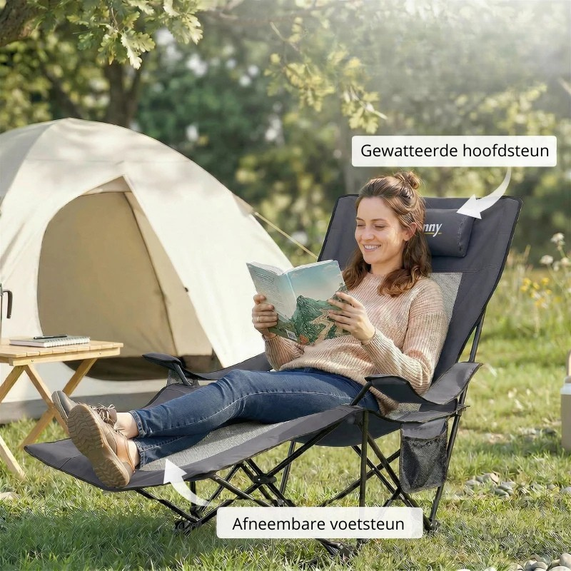 Nancy's Soliera Kampeerstoelen - Set van 2 - Campingstoelen - 4 Ligstanden - Opvouwbaar - Grijs / Zwart