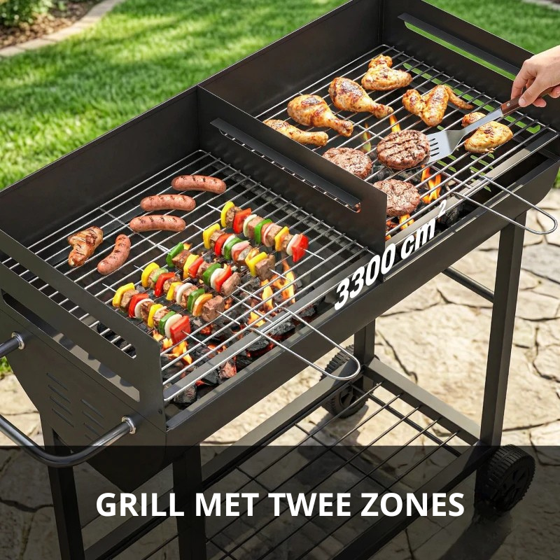 Nancy's Seccheto Houtskoolbarbecue - BBQ - Barbecue - In hoogte verstelbare grillroosters - Draagbaar ontwerp met wielen - Zwart
