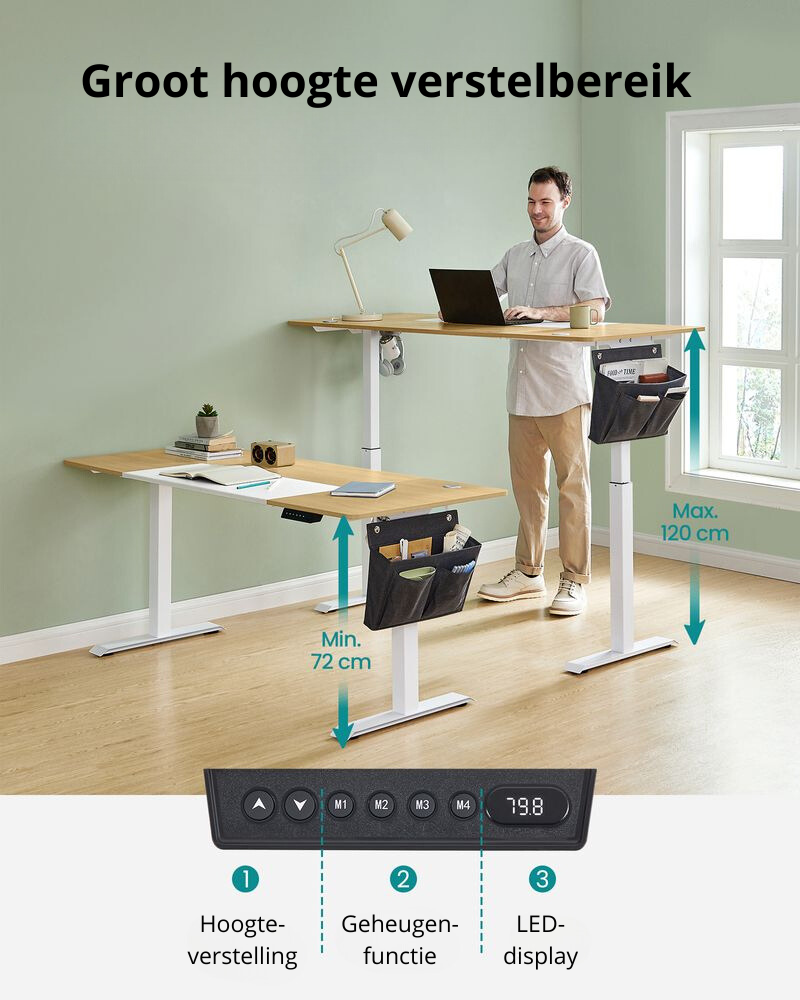 Nancy's Assago Verstelbaar Bureau - Zit/Sta Bureau - Elektrisch Bureau - Bruin / Wit - 70 x 160 x 72-120 cm