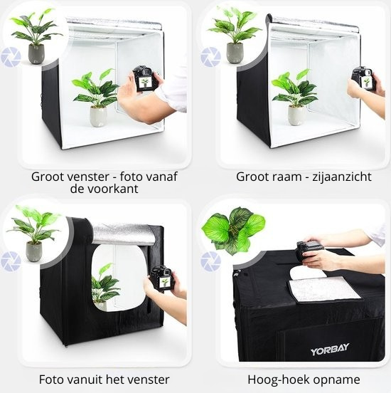 Yorbay Fotobox Fotostudio Met Dimbare LED-verlichting - 4 Achtergrondfolies - Zwart - 60 x 60 x 60cm