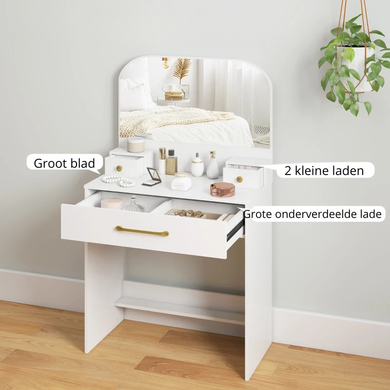 Nancy's Ponsacco Make Up Tafel - Kaptafel - Make-Up Tafel met Spiegel - Wit - 80 x 40 x 135 cm