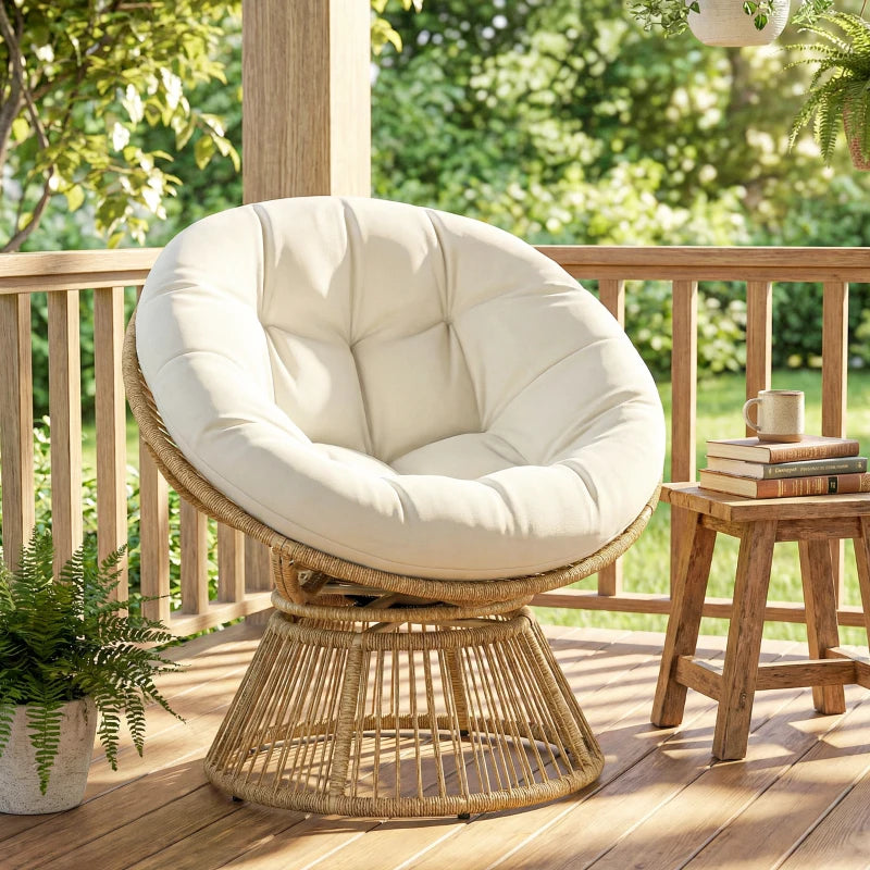 Nancy's Sampeyre Loungestoel - Draaistoel - Buitenstoel - Tuinstoel - Crèmewit - Rotan - ± 95 x 80 x 85 cm