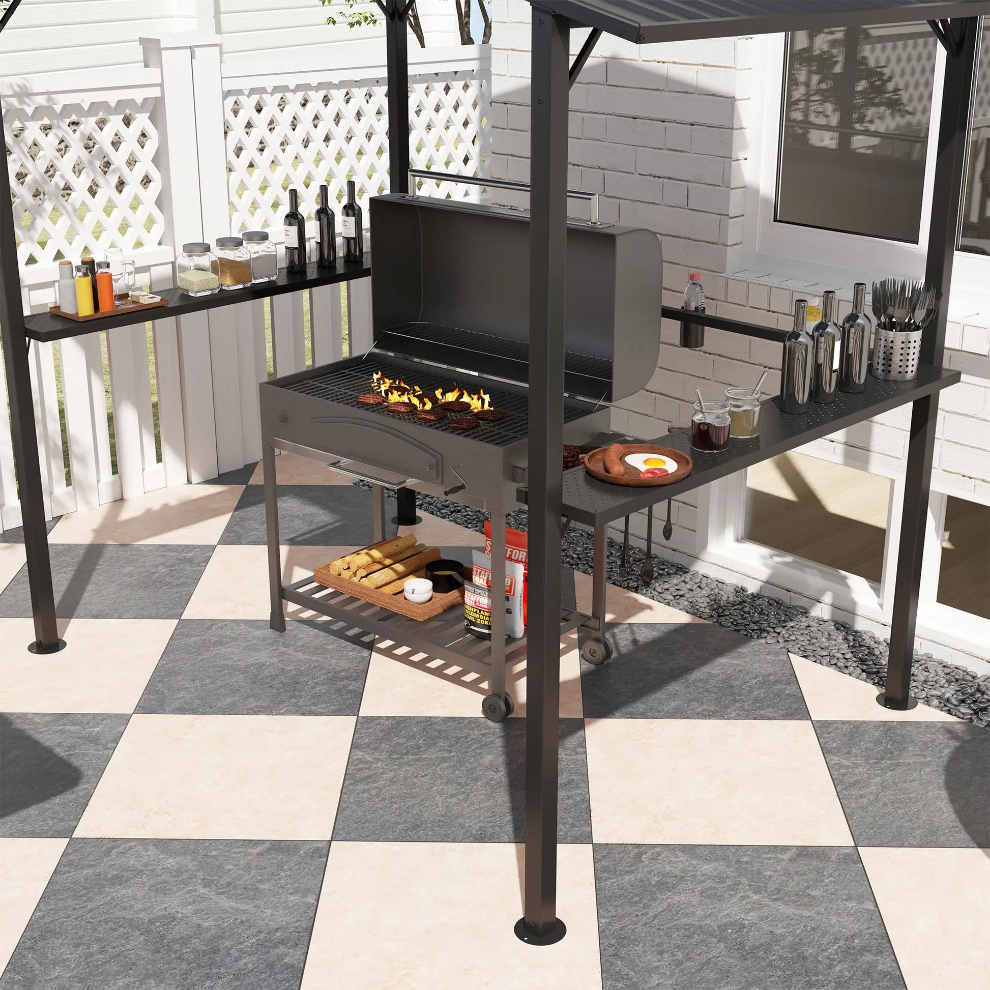 Nancy's Cossignano Barbecue Paviljoen - BBQ Afdak - BBQ Overkapping - Zwart - Staal - 250 x 160 x 250 cm