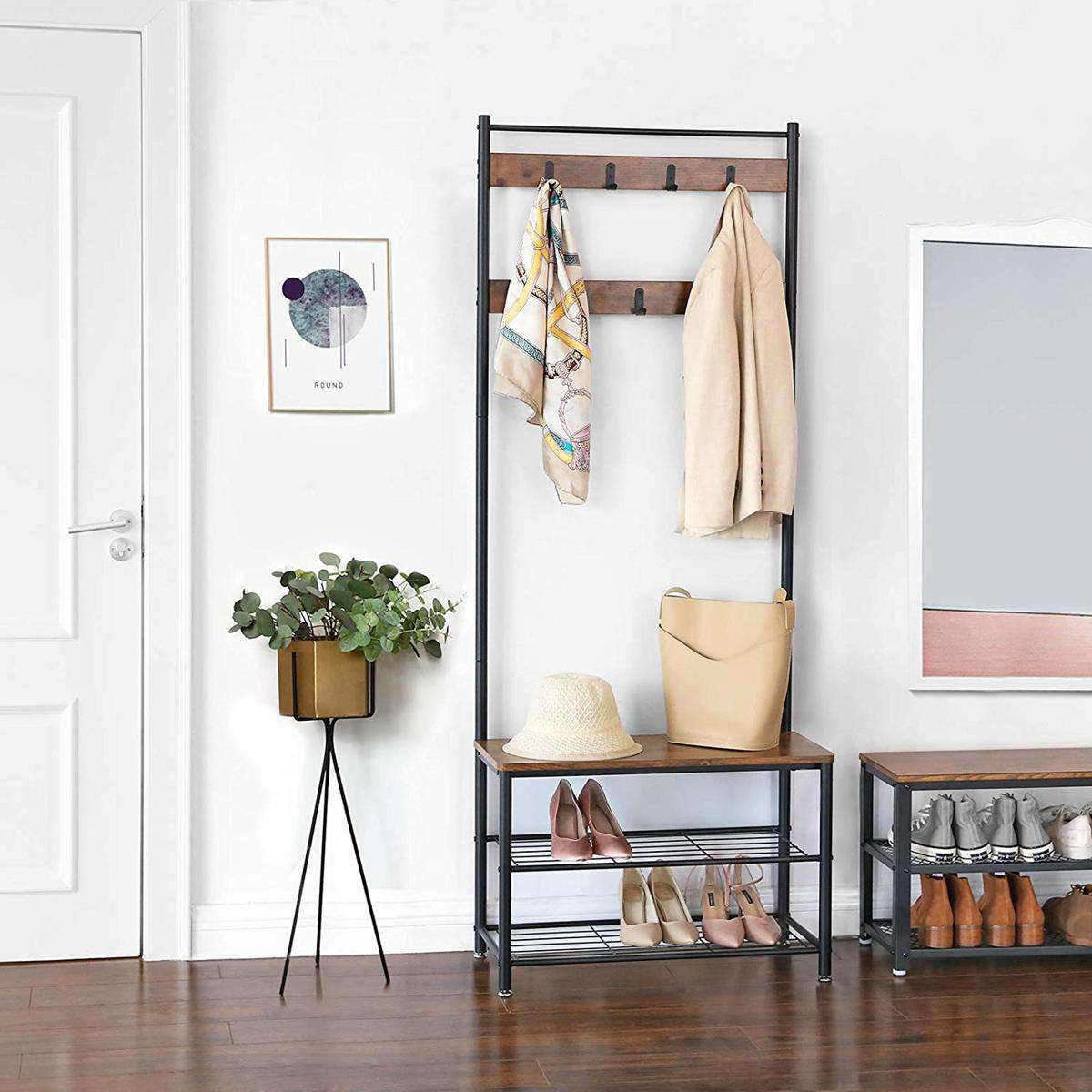 Nancy's Hinsdale Garderoberek - Kapstok - Schoenenrek - Kapstok Staand - Vintage Bruin / Zwart ± 70 x 30 x 175 cm