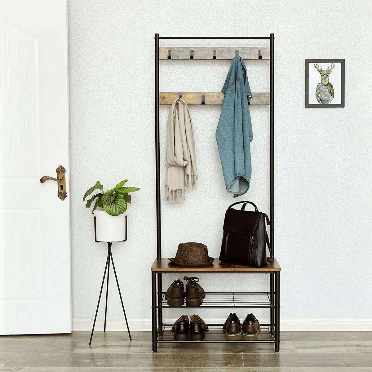 Nancy's Hinsdale Garderoberek - Kapstok - Schoenenrek - Kapstok Staand - Vintage Bruin / Zwart ± 70 x 30 x 175 cm