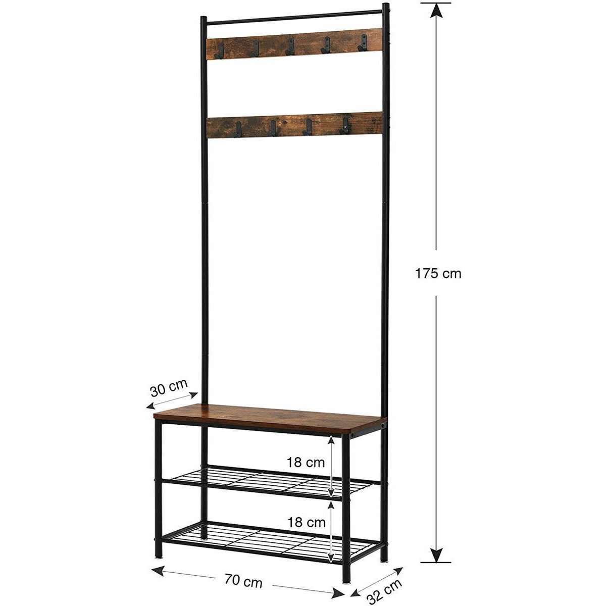 Nancy's Hinsdale Garderoberek - Kapstok - Schoenenrek - Kapstok Staand - Vintage Bruin / Zwart ± 70 x 30 x 175 cm