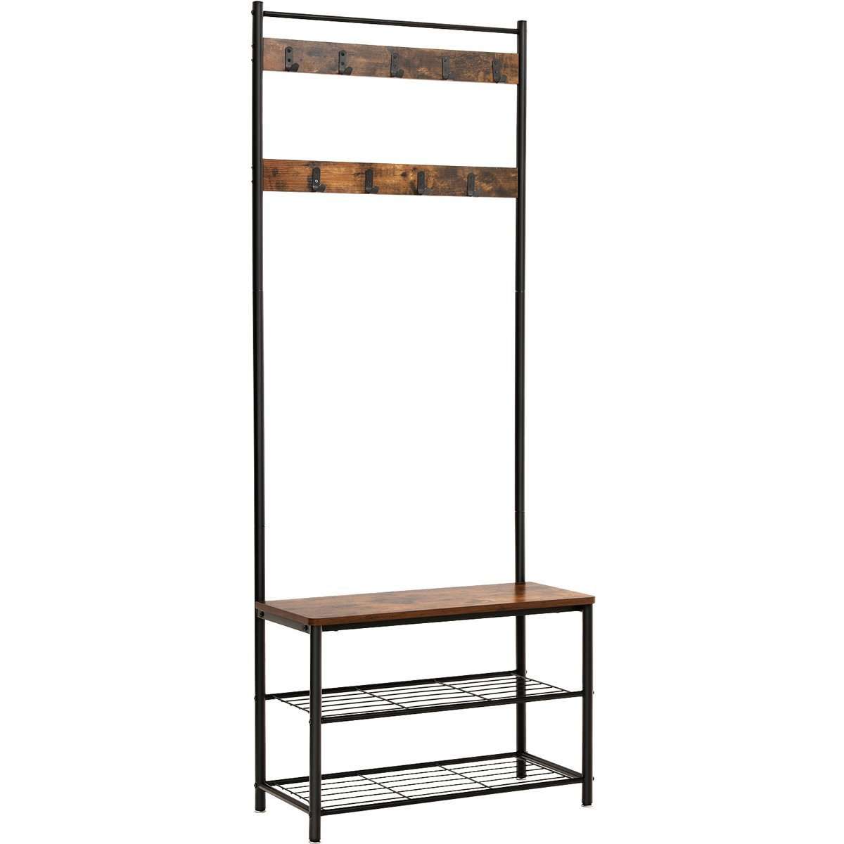 Nancy's Hinsdale Garderoberek - Kapstok - Schoenenrek - Kapstok Staand - Vintage Bruin / Zwart ± 70 x 30 x 175 cm