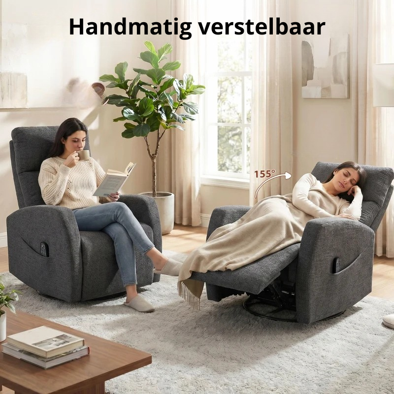 Nancy's Spiazzo Massagestoel - Relaxfauteuil - Draaibaar - Schommelfunctie - Vibratie + Warmte - Donkergrijs - Chenille