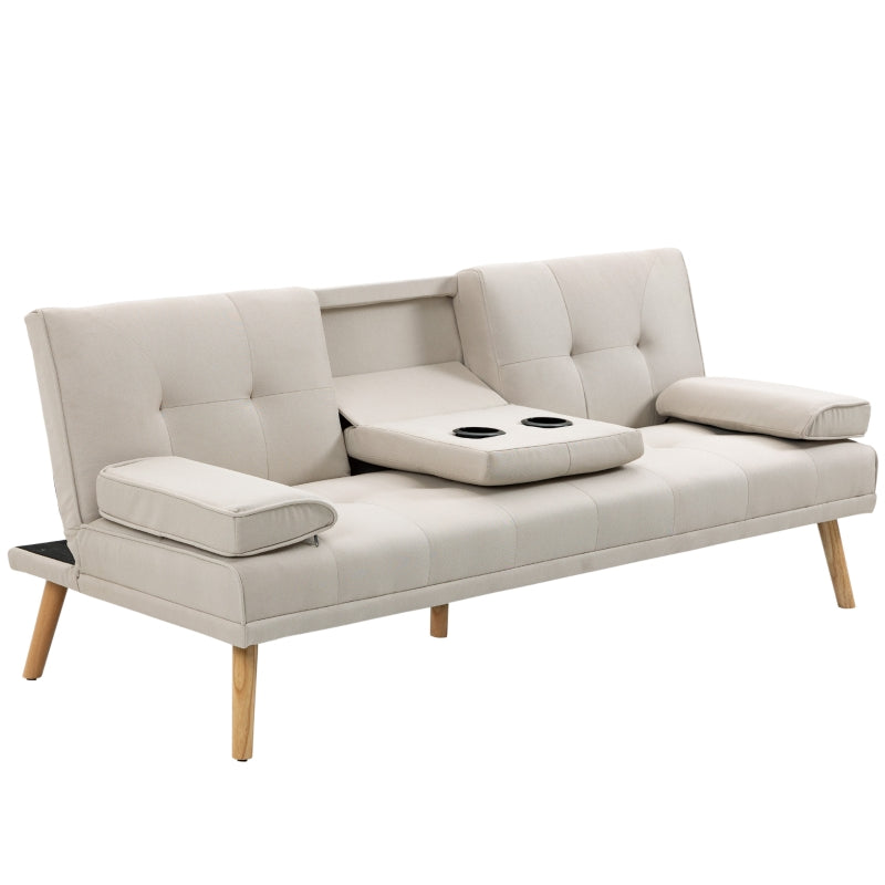 Nancy's Bellevue sofa bed, 3-seater sofa, sofa bed with folding table, fabric sofa with linen look, sofa bed with cup holder, in Scandi design, beige