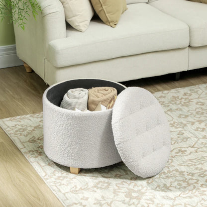 Nancy's Marene Opbergbank - Poef met opbergruimte - Krukje - Hocker - Wit - Teddy / Fleece Look - Ø45 x 41 cm