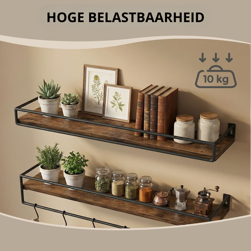 Nancy's Stromboli Wandplanken - Set van 2 - Wandrekken - Industrieel - Bruin / Zwart