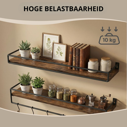Nancy's Stromboli Wandplanken - Set van 2 - Wandrekken - Industrieel - Bruin / Zwart