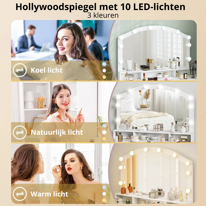 Nancy's Piobbico Kaptafel - Make Up Tafel - Hollywood Spiegel - Wit - 110 x 40 x 150 cm