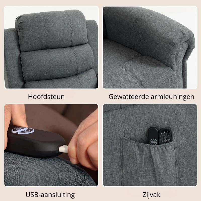 Nancy's Pomarico Sta op Stoel - Seniorenstoel - Relaxfauteuil - Massagestoel - Grijs - Linnen