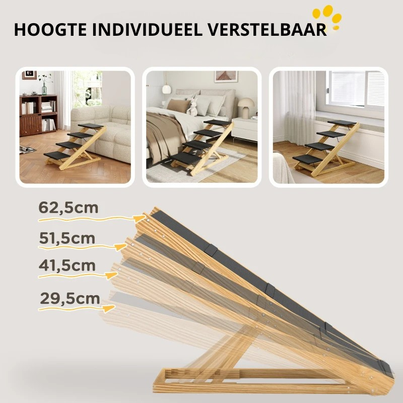 Nancy's Sorico Hondentrap - Dierentrap - Aanpasbare hoogte - Antislip - Naturel hout / Zwart