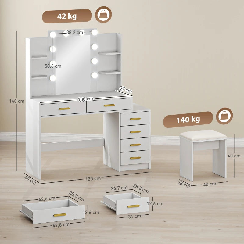 Nancy's Pontboset Kaptafel met Kruk - Make Up Tafel met Verlichting - Hollywood Spiegel - Wit - 120 x 40 x 140 cm