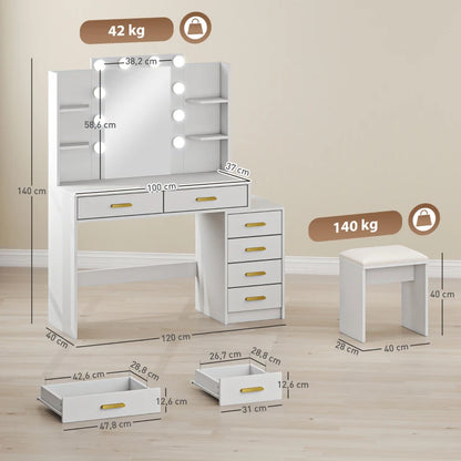 Nancy's Pontboset Kaptafel met Kruk - Make Up Tafel met Verlichting - Hollywood Spiegel - Wit - 120 x 40 x 140 cm