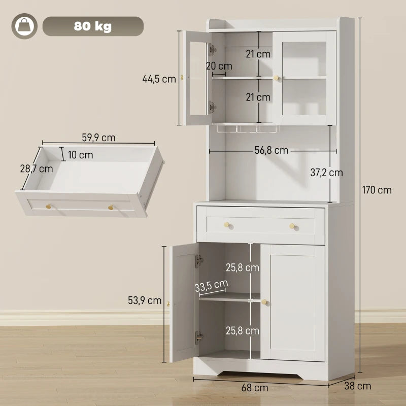 Nancy's Pastrengo Keukenkast - Vitrinekast - Opbergkast - Wit - MDF / Glas - ± 70 x 40 x 170 cm