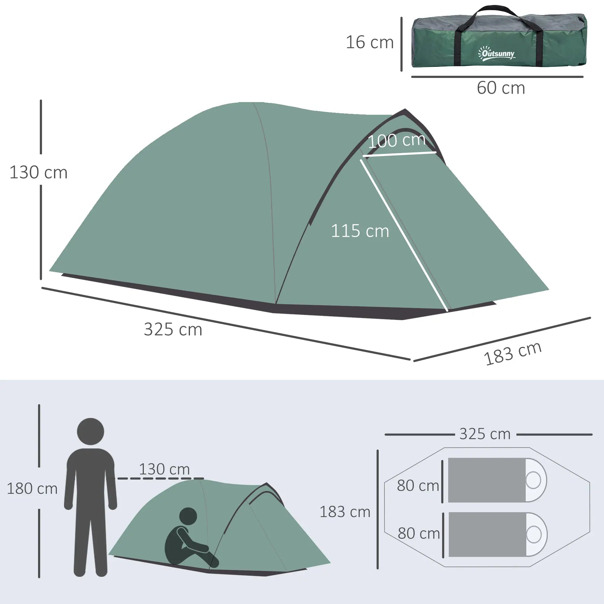 Nancy's Campodolcino Kampeertent - Camping Tent - 2-3 Personen - Tweekamerontwerp - Groen / Grijs - ± 325 x 180 x 130 cm