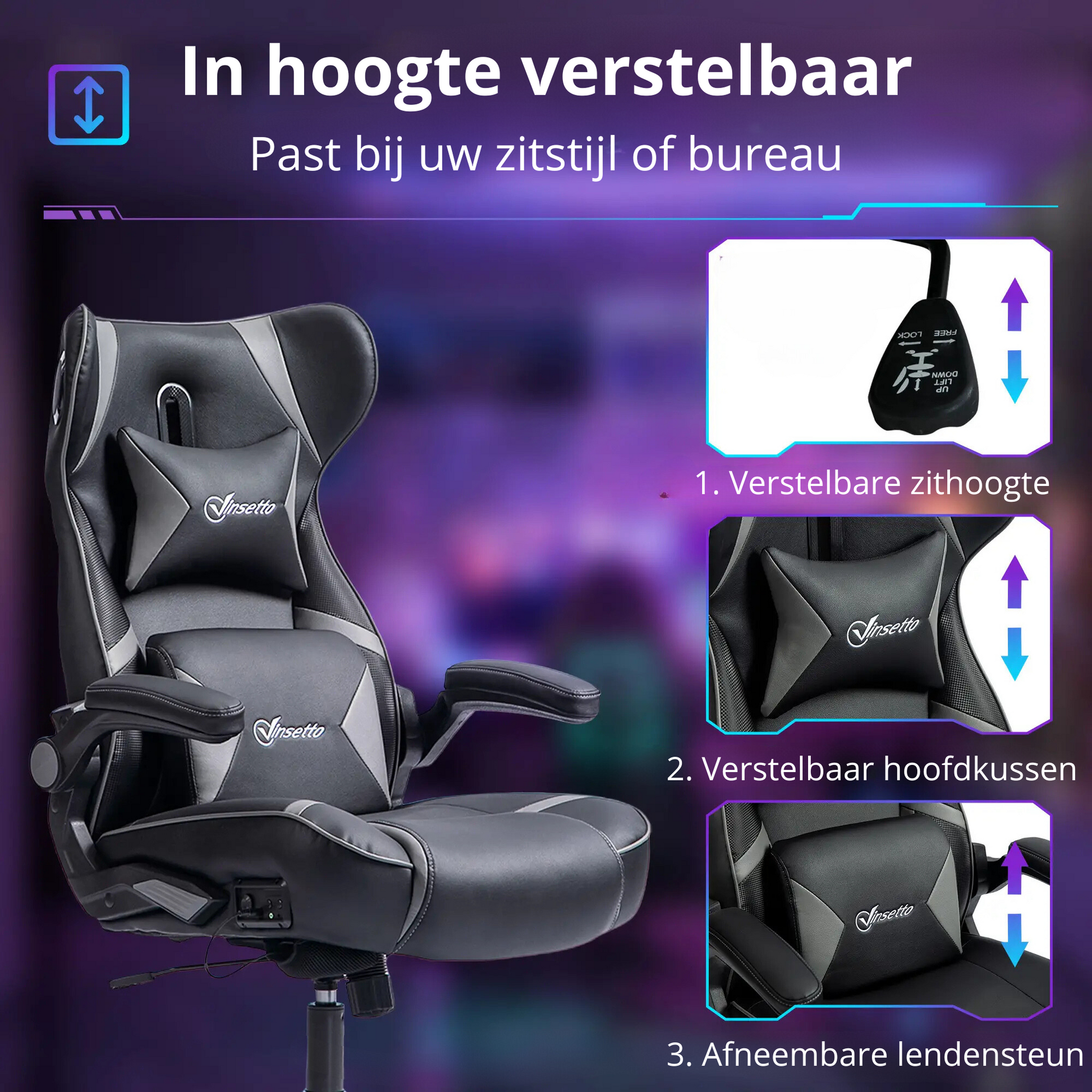 Nancy's Mangualde Gamestoel - Gaming Stoel - Bureaustoel - Bluetooth Speakers - Aanpasbaar - Zwart / Grijs