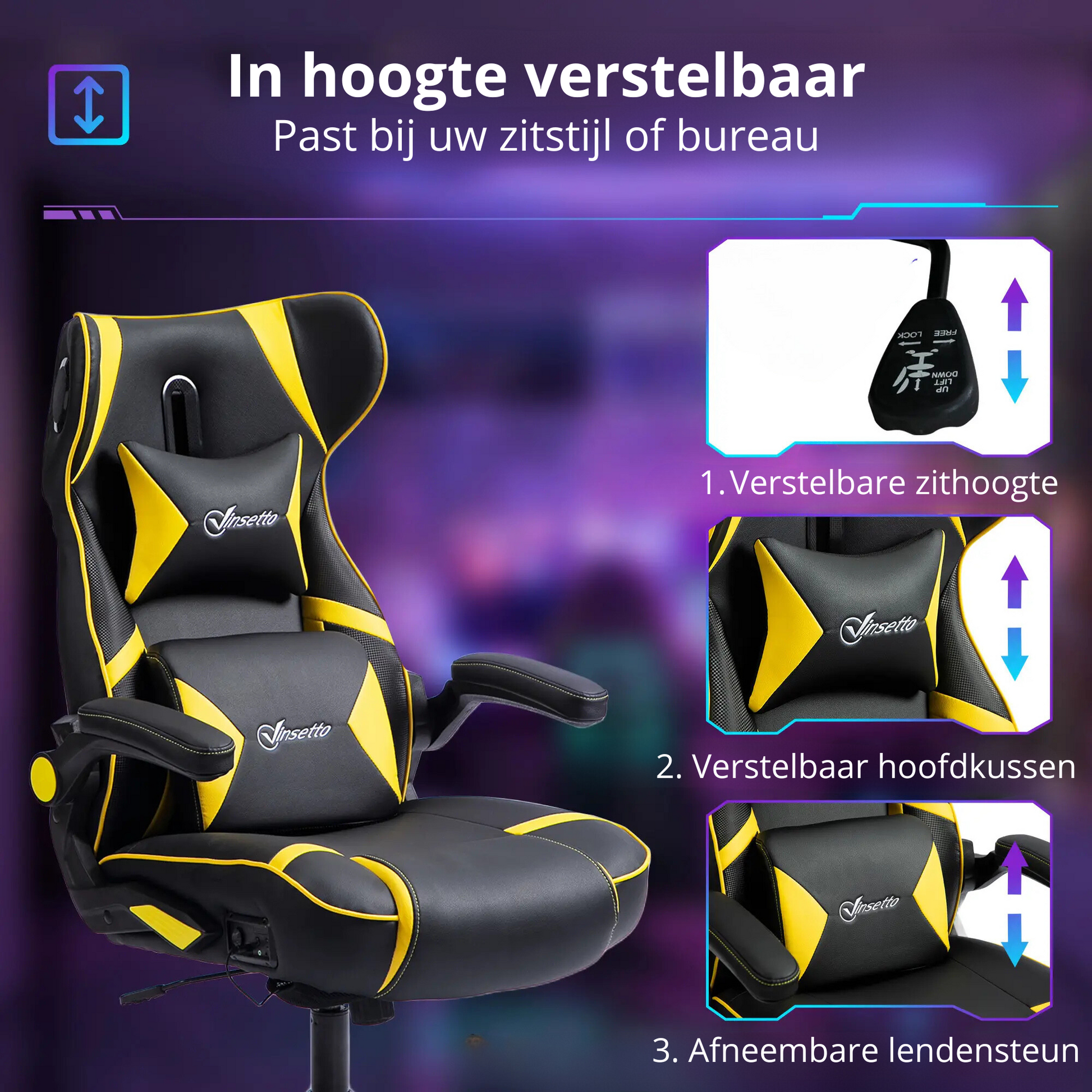 Nancy's Mangualde Gamestoel - Gaming Stoel - Bureaustoel - Bluetooth Speakers - Aanpasbaar - Zwart / Geel