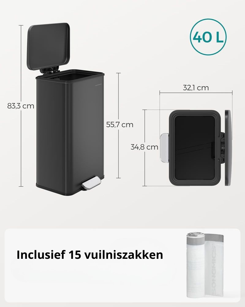 Nancy's Morbegno Pedaalemmer - Afvalbak - Prullenbak - Zwart - 40 Liter