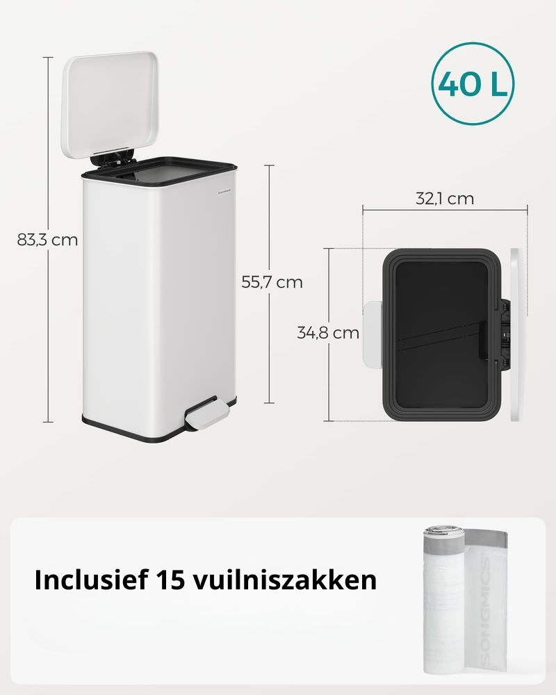 Nancy's Morbegno Pedaalemmer - Afvalbak - Prullenbak - Wit - 40 Liter