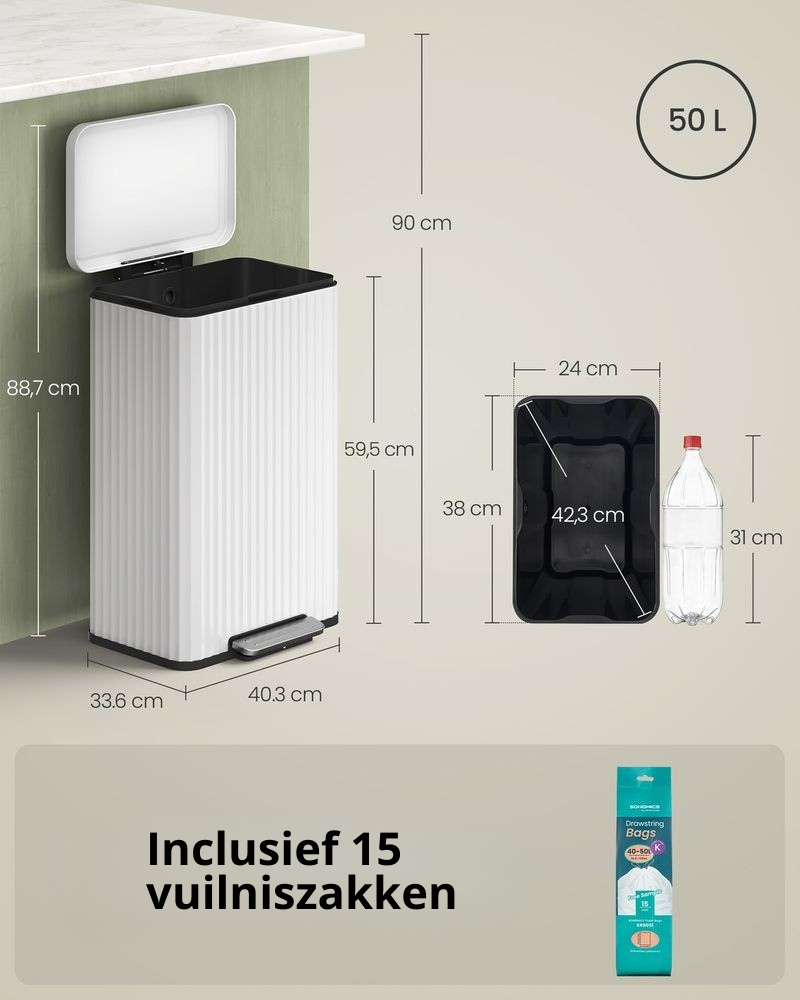 Nancy's Pralormo Pedaalemmer - Afvalbak - Prullenbak - Wit - 50 Liter