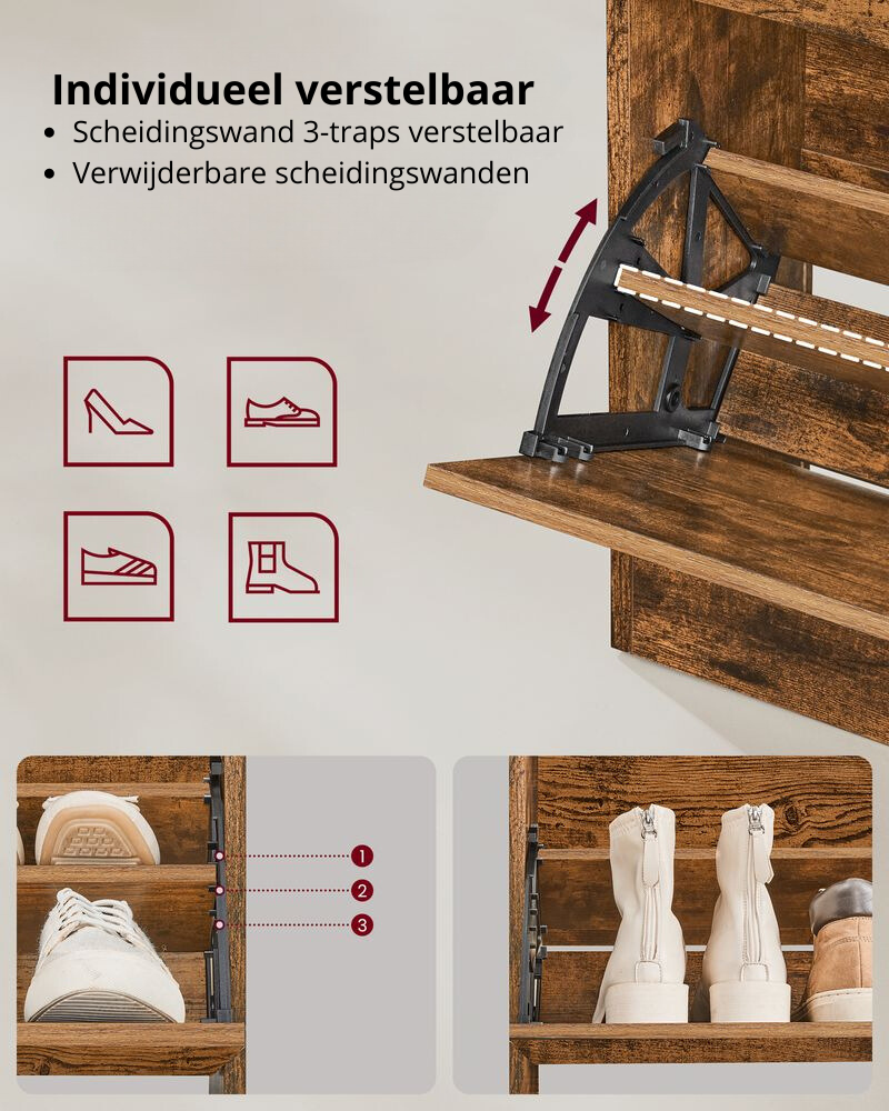 Nancy's Brenzone Schoenenkast - Schoenenrek - Vintage Bruin - ± 60 x 25 x 140 cm