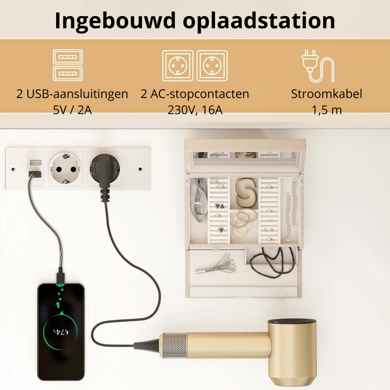 Nancy's Omegna Make Up Tafel - Kaptafel - LED-Spiegel - Met stopcontact en USB-aansluiting - Wit - ± 120 x 80 x 135 cm