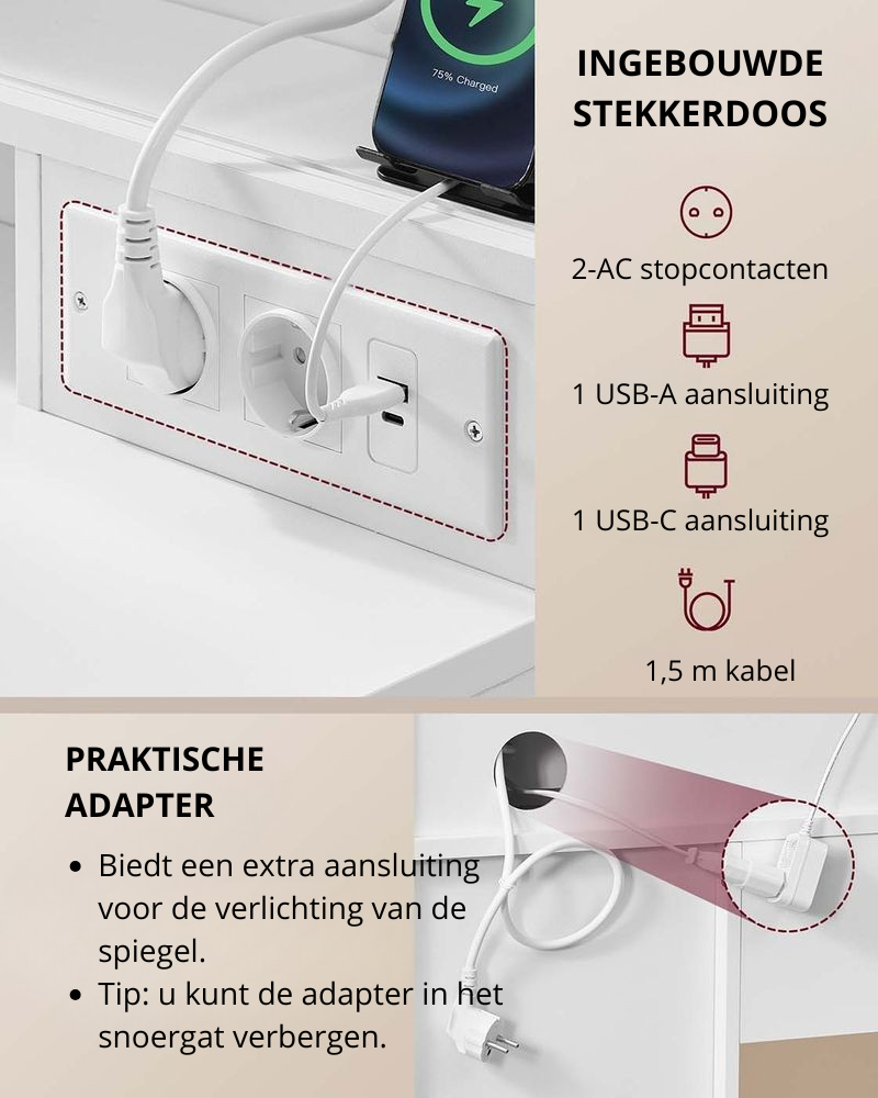 Nancy's Oschiri Kaptafel - Make Up Tafel - Spiegel met LED Verlichting - Wit - ± 110 x 40 x 140 cm