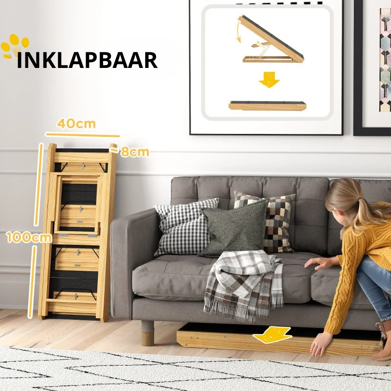 Nancy's Sorico Hondentrap - Dierentrap - Aanpasbare hoogte - Antislip - Naturel hout / Zwart