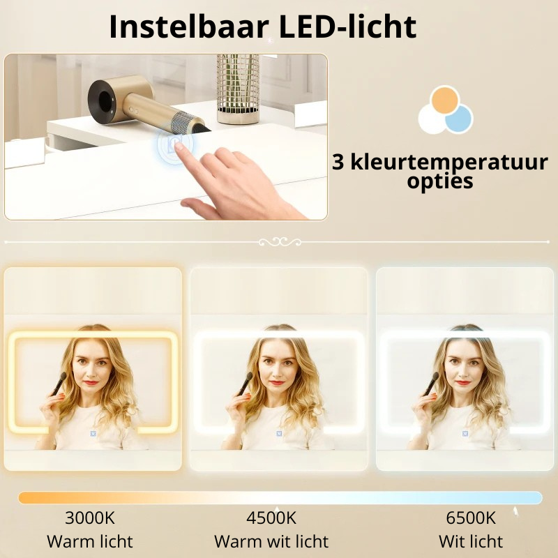 Nancy's Omegna Make Up Tafel - Kaptafel - LED-Spiegel - Met stopcontact en USB-aansluiting - Wit - ± 120 x 80 x 135 cm