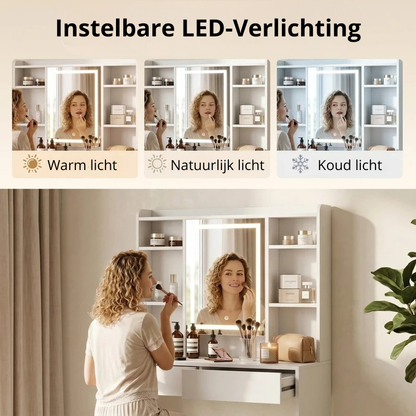 Nancy's Valleve Kaptafel - Make Up Tafel - Make-Up Tafel met Spiegel - LED-Verlichting - Wit ± 90 x 40 x 145 cm