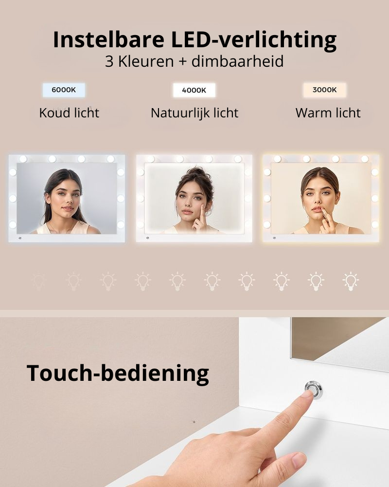 Nancy's Pinzolo Kaptafel met krukje - Make Up Tafel - Spiegel met LED Verlichting - Wit - 110 x 40 x 135 cm