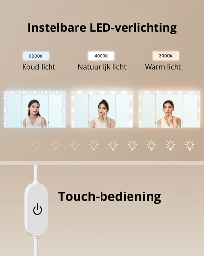 Nancy's Prali Make Up Tafel - Kaptafel - Make-Up tafel met Spiegel en LED-Verlichting - Wit - ± 105 x 40 x 145 cm