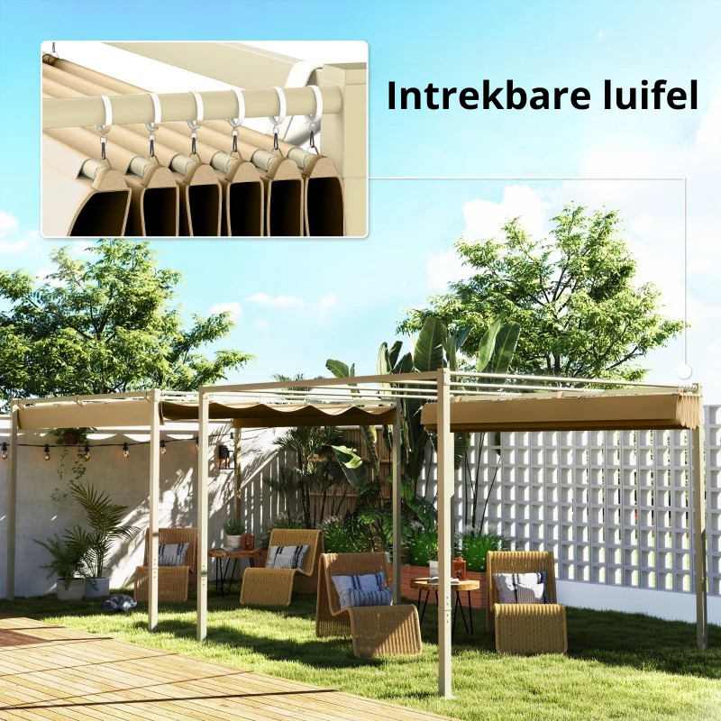 Nancy's Subbiano Pergola - Tuinpaviljoen - Intrekbaar dak - UPF30+-bescherming - Kaki - ± 300 x 300 x 220 cm